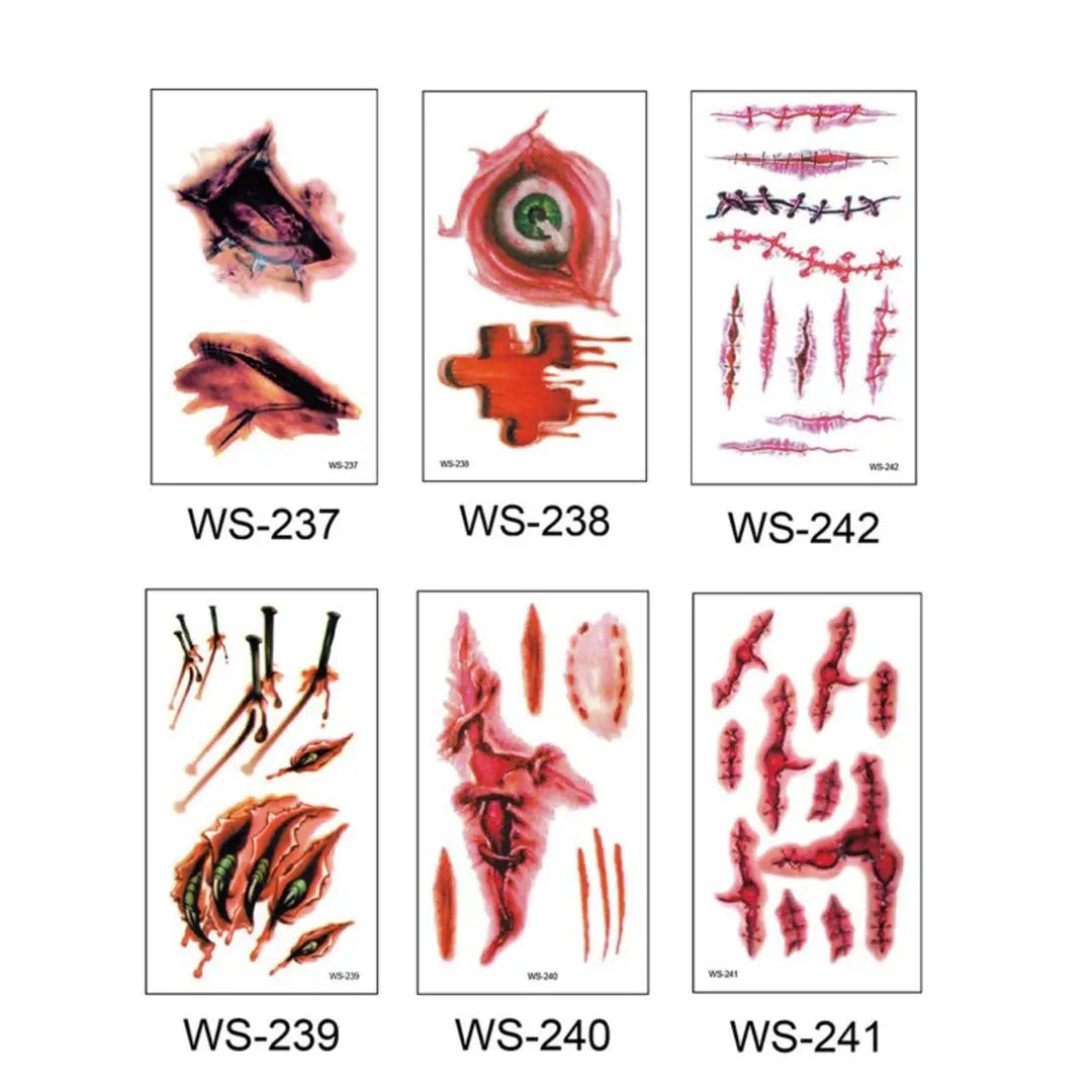 A 6Pieces Horror Wound Temporary Tattoos Waterproof Realistic Blood Tattoo Injury Scar Tattoo Stickers for Face Qme WS-237-241