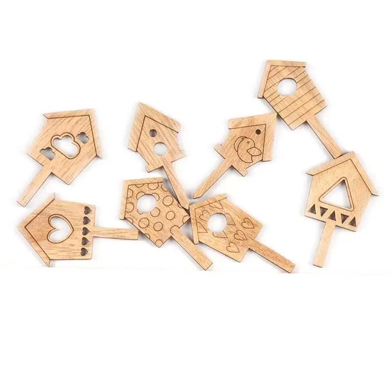 25Pcs 3x5cm Natural House Pattern Wooden Board Insert Ornaments Flowerpot Card Kids Supplies Wood DIY Crafts Home Decor Arts Qme