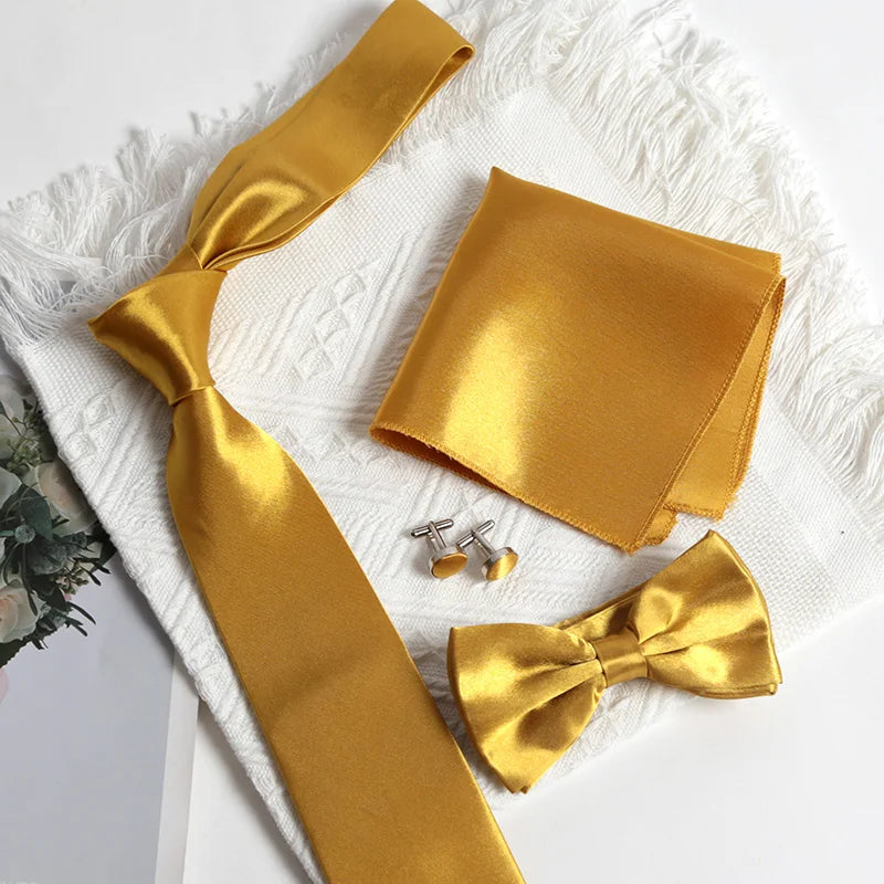 Mens Ties Classic Solid Gold Bow Paisley Necktie Pocket Square Qme