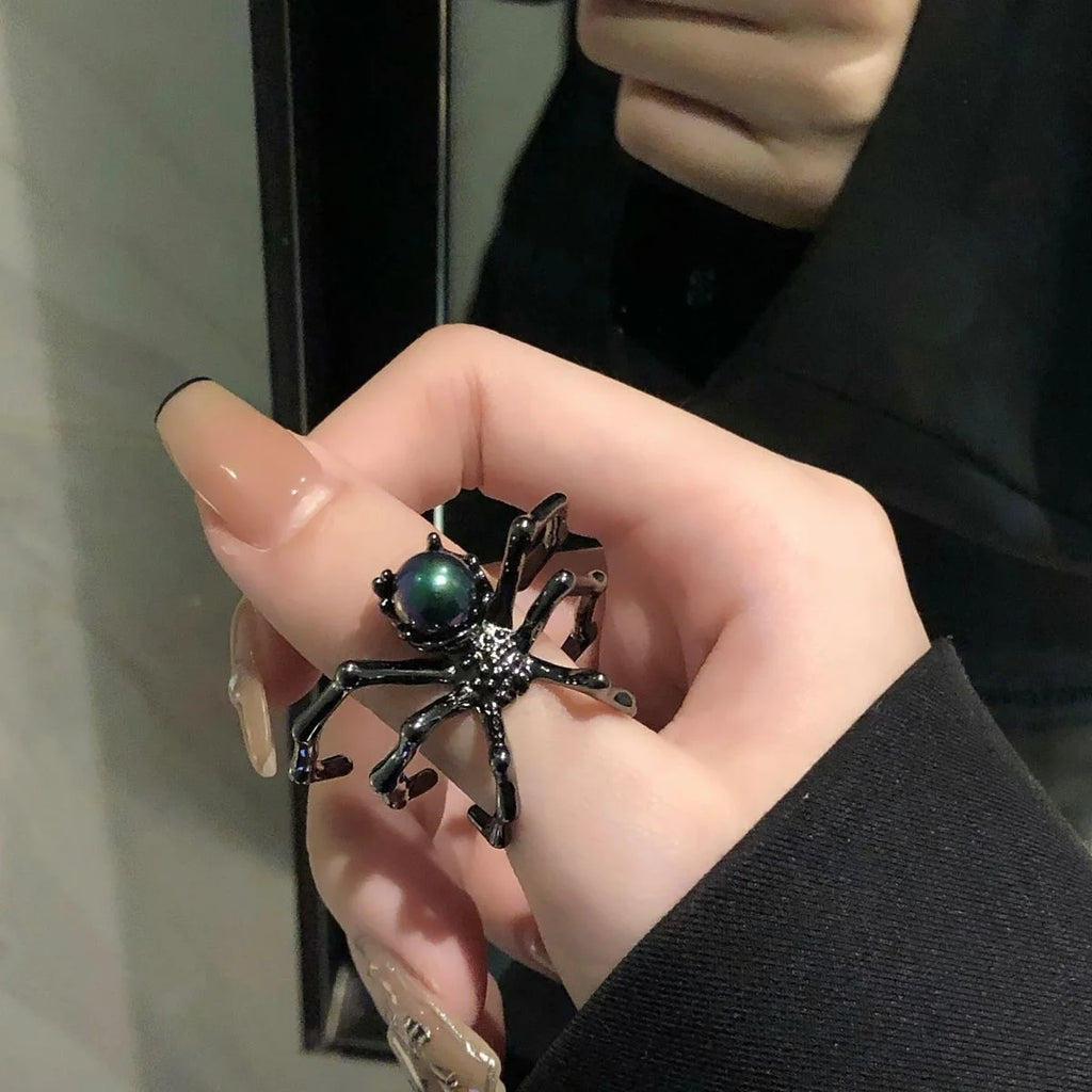 Punk Dark Spider Open Ring Retro Moonstone Black Ring For Women New Gothic Jewelry Dropshipping Wholesale Gift Punk Rings Girl Qme resizable 1