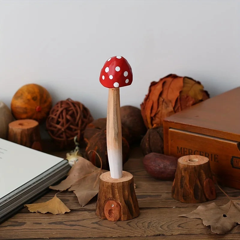 Hand Carved Wooden Mushroom Ballpoint Pen, Cute Red Spotted Amanita Shape Decorative Writing Pen, Novelty Stationery Gift Qme