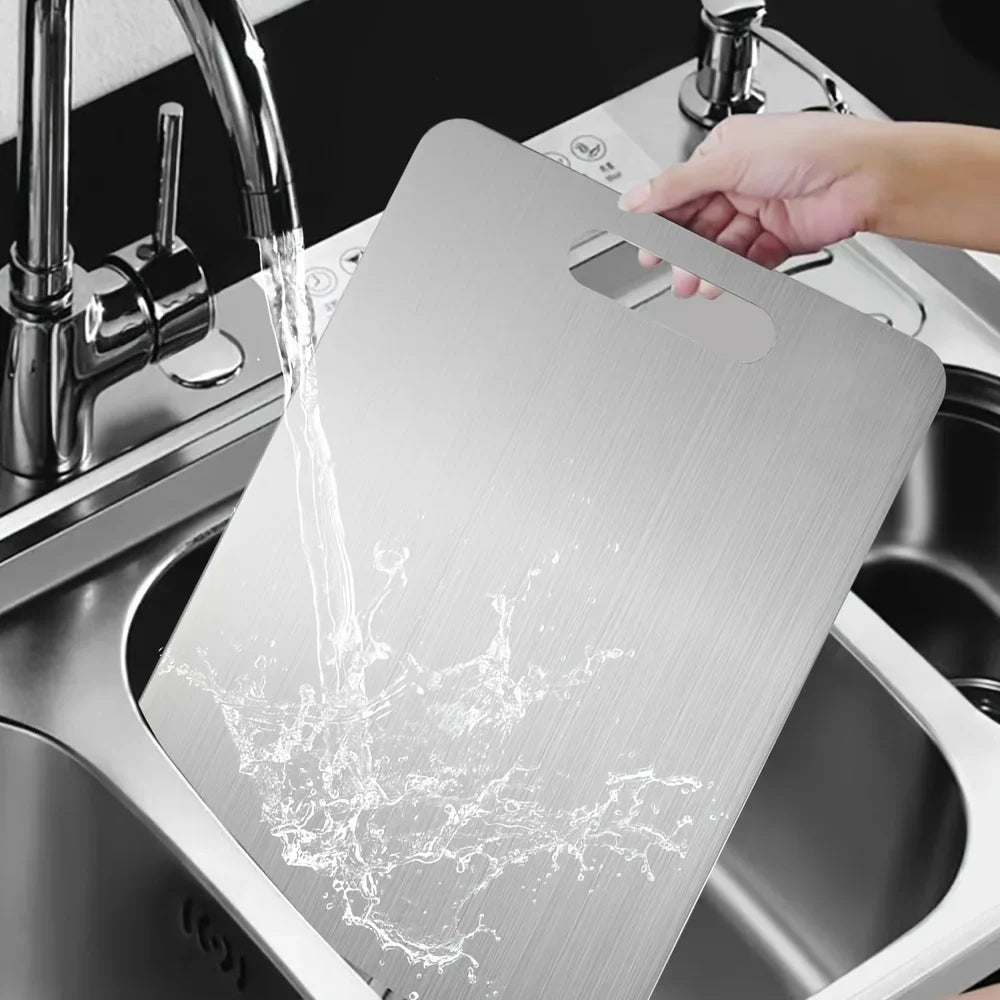 Premium Stainless Steel Cutting Board with Handle - Double-sided Design for Cutting Fruits, Vegetables, Bread, and Meat Qme
