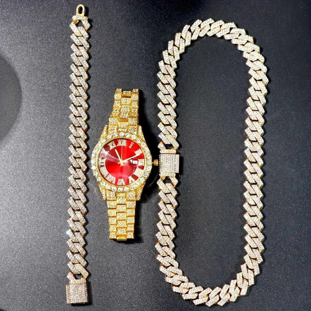 Fashion Rhinestone Wrist Watch & Hip Hop 14MM Prong Cuban Chain & Rapper Cuban Necklaces Set, Punk Party Gift Qme