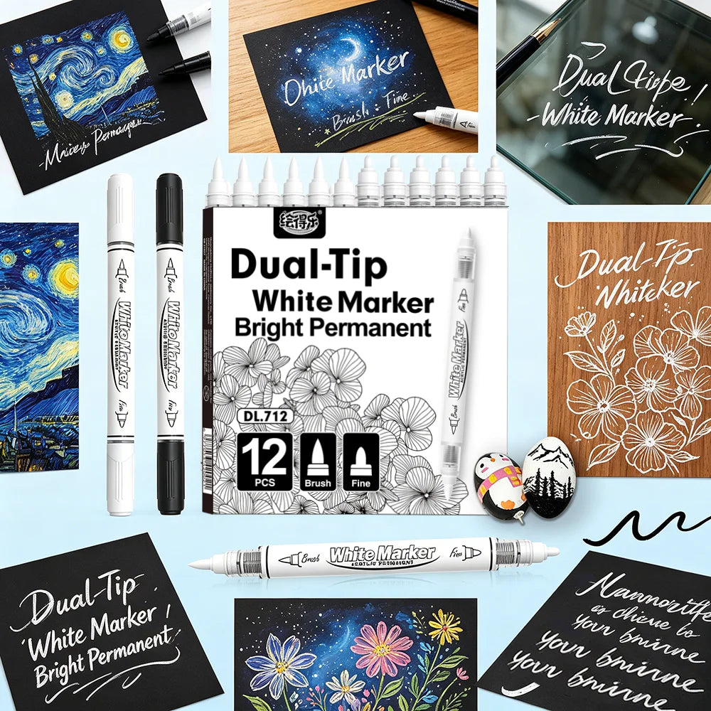 Dual Tip Permanent Acrylic Paint Markers Pens Black White Large Capacity Graffiti Marker for Fabric Stone Wood Glass Art DIY Qme