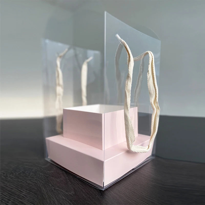 Rose Flower Hand Packaging Box Waterproof Transparent Art Arrangement Qme Pink