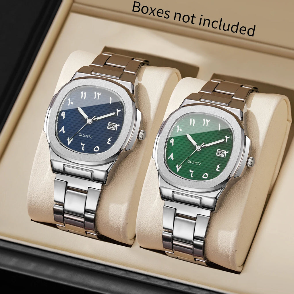 Hot Sale 2Pcs Silver Men's Watch Set, Blue & Green Dial Arabic Numeral Watches, Casual Style Qme 2PCS No Box