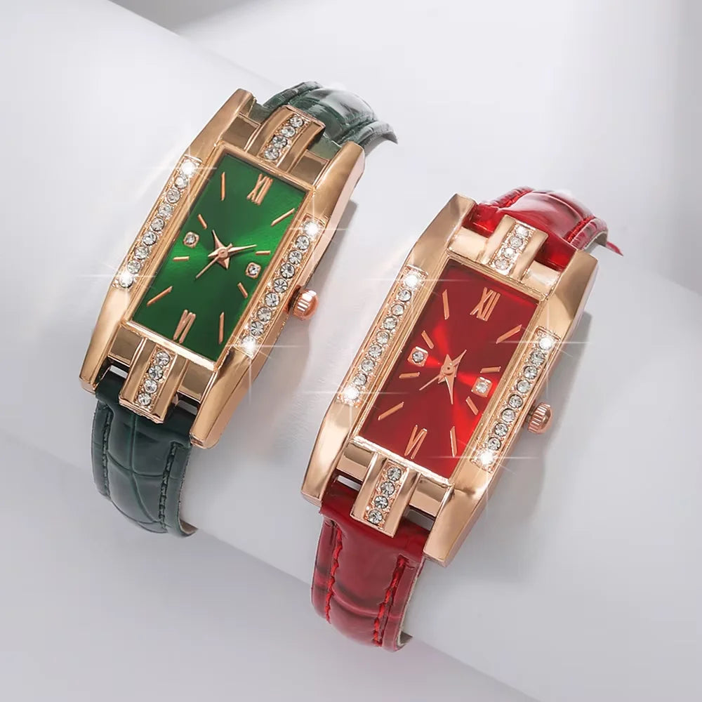 Rose gold diamond encrusted rectangular women's leather strap watch, available in red and green colors, vintage Roman stone watc Qme Multicolor