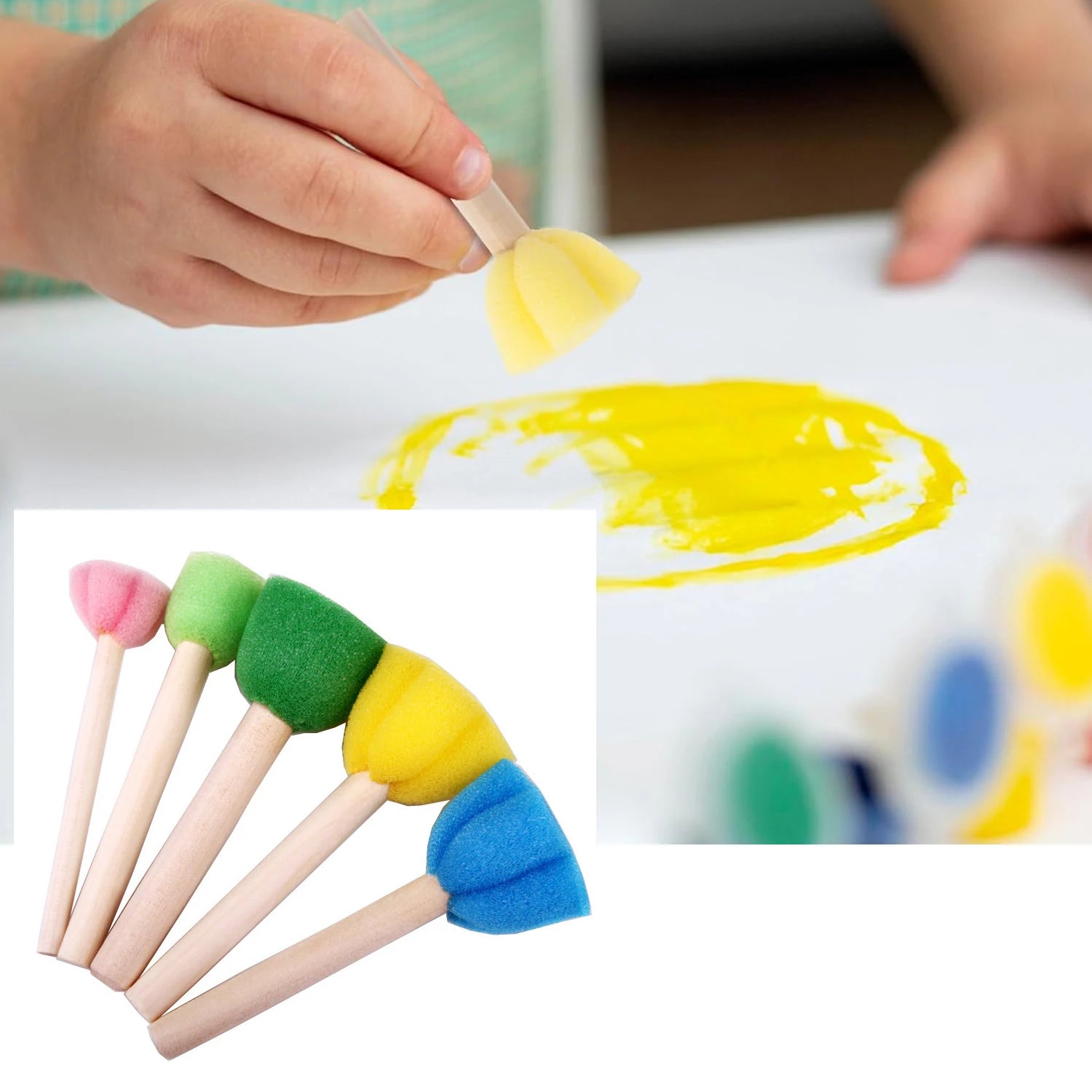 Foam Sponge Brush with Wooden Handle Round Flower Multi Size Painting Tools for Kids Children DIY Acrylic Watercolor Varnishes Qme