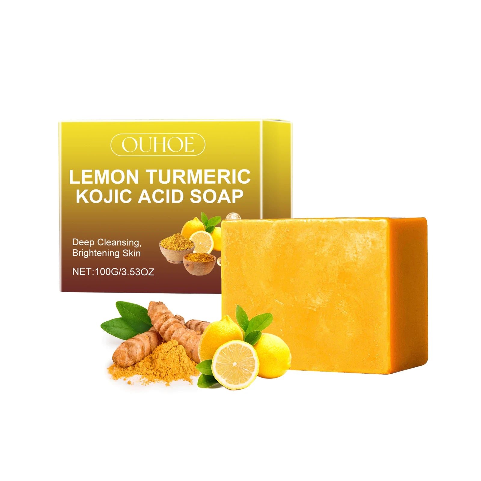 Lemon Turmeric Kojic Acid Soap Brightening Deeply Cleansing Glowing Body Rejuvenating Exfoliating Even Skin Tone Handmade Soap Qme 100g boxed