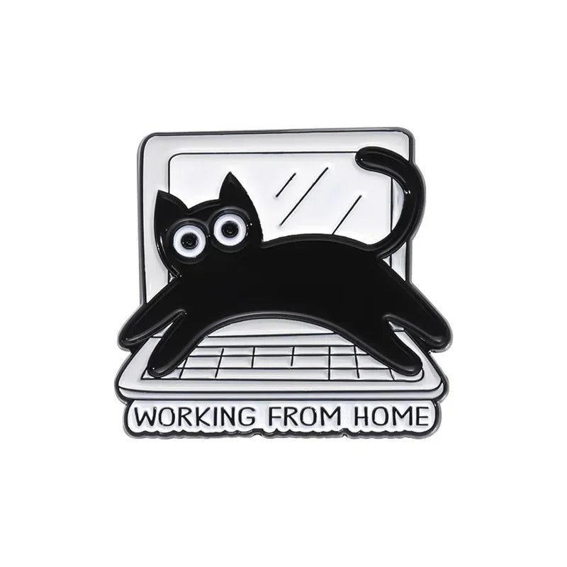 Cartoon Black Cat Brooch Enamel Pins Creative THINK BEFORE YOU CLICK Lapel Backpack Badges WORKING FROM HOME Jewelry Wholesale Qme style 1