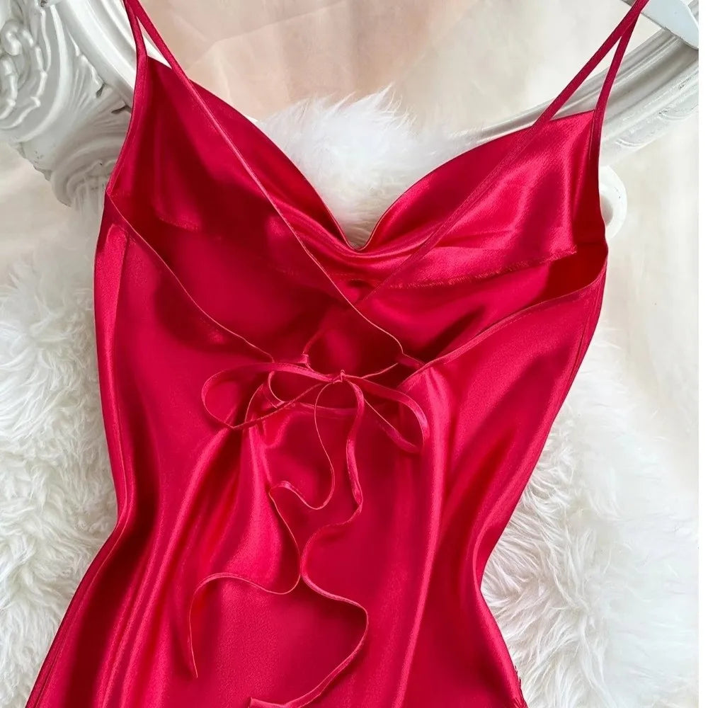 Home Wear Split Women Nightgown Beauty-back Spaghetti Strap Lace Qme