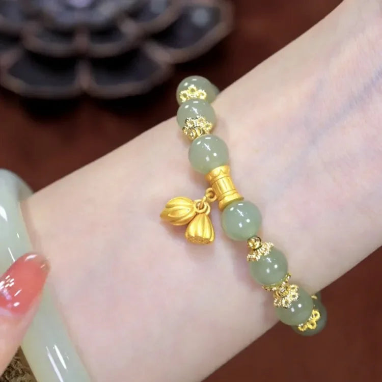Fashion Creative Lucky Natural Hotan Jade Bracelet Vintage Light Luxury Handmade Jewelry Bracelet Chinese Style Jewelry Gift Qme lotus seedpod