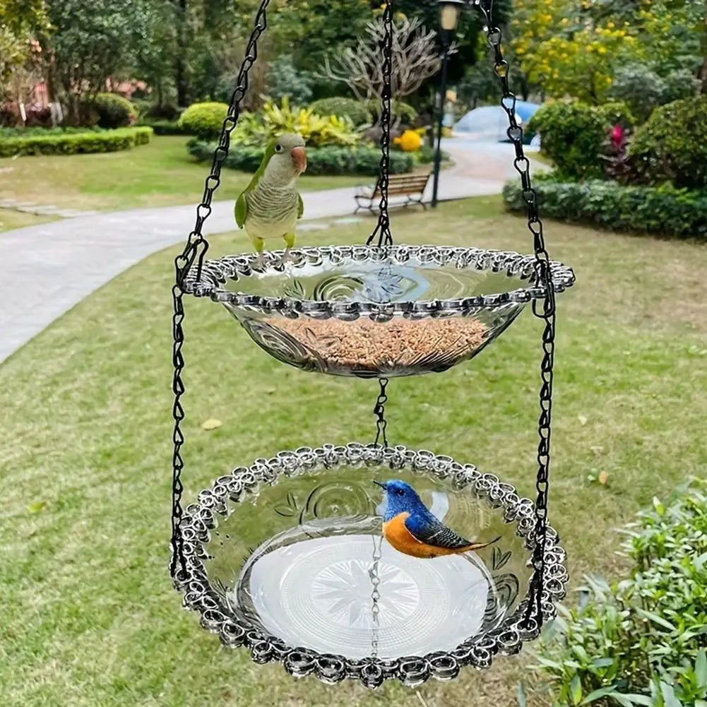 Two-layer Hanging Bird Feeder Outdoors Water Bowl Garden Yard Qme