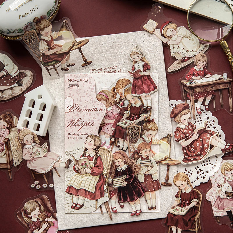 European Vintage Girl Reading Sticker Book, Artistic Decor Material for Journal Collage, High-Value Creative Supply Qme