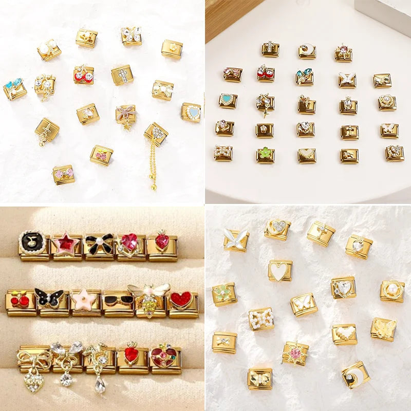 Golden Series Black Bows Butterfly Red Star Cherry Heart Italian Charm Links Stainless Steel Fit 9mm Bracelet Making DIY Jewelry Qme
