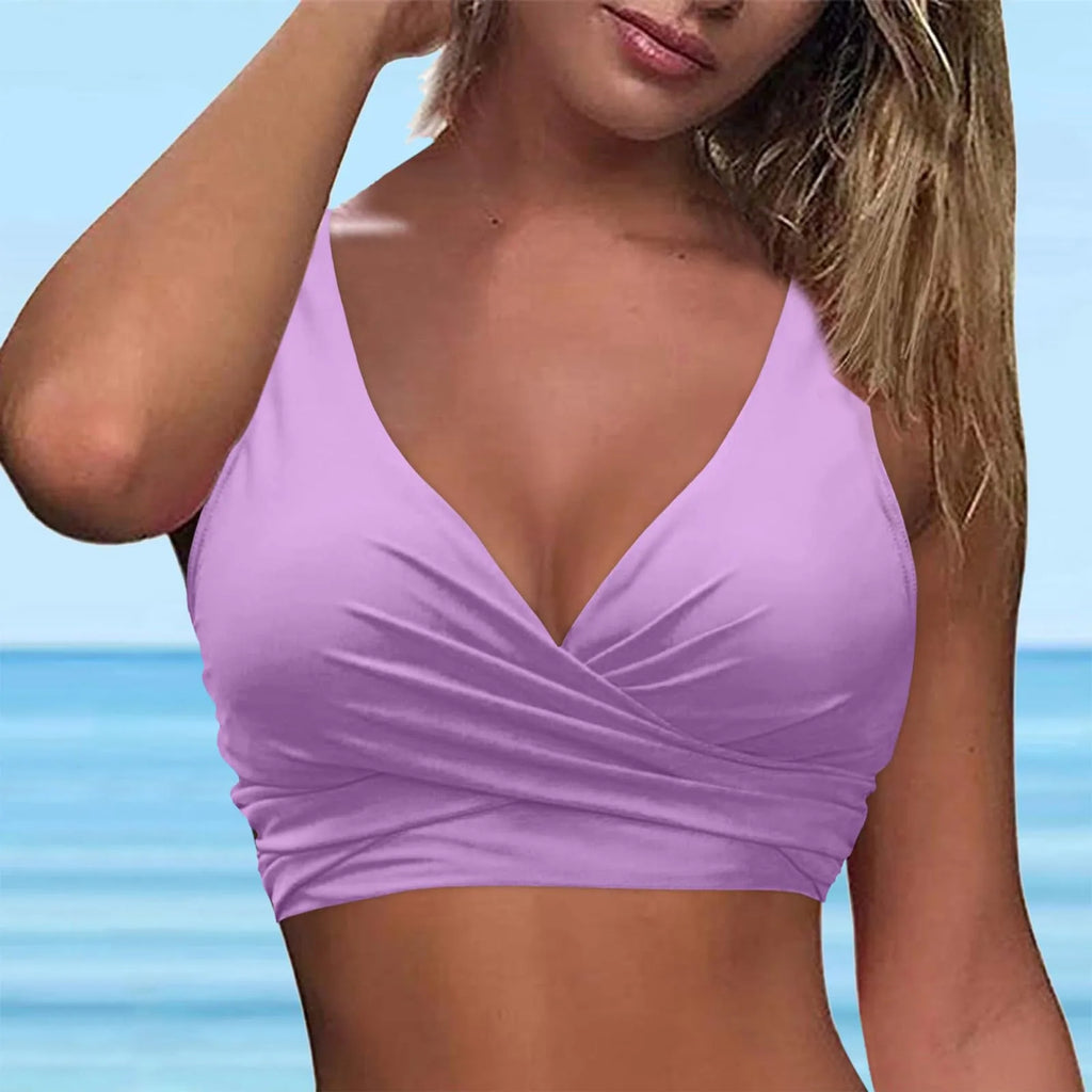 Female Basic Backless Sexy Swimming Top Fashion High Waist Solid Color Cross Tie Bra Pad No Steel Support Swimsuit Qme