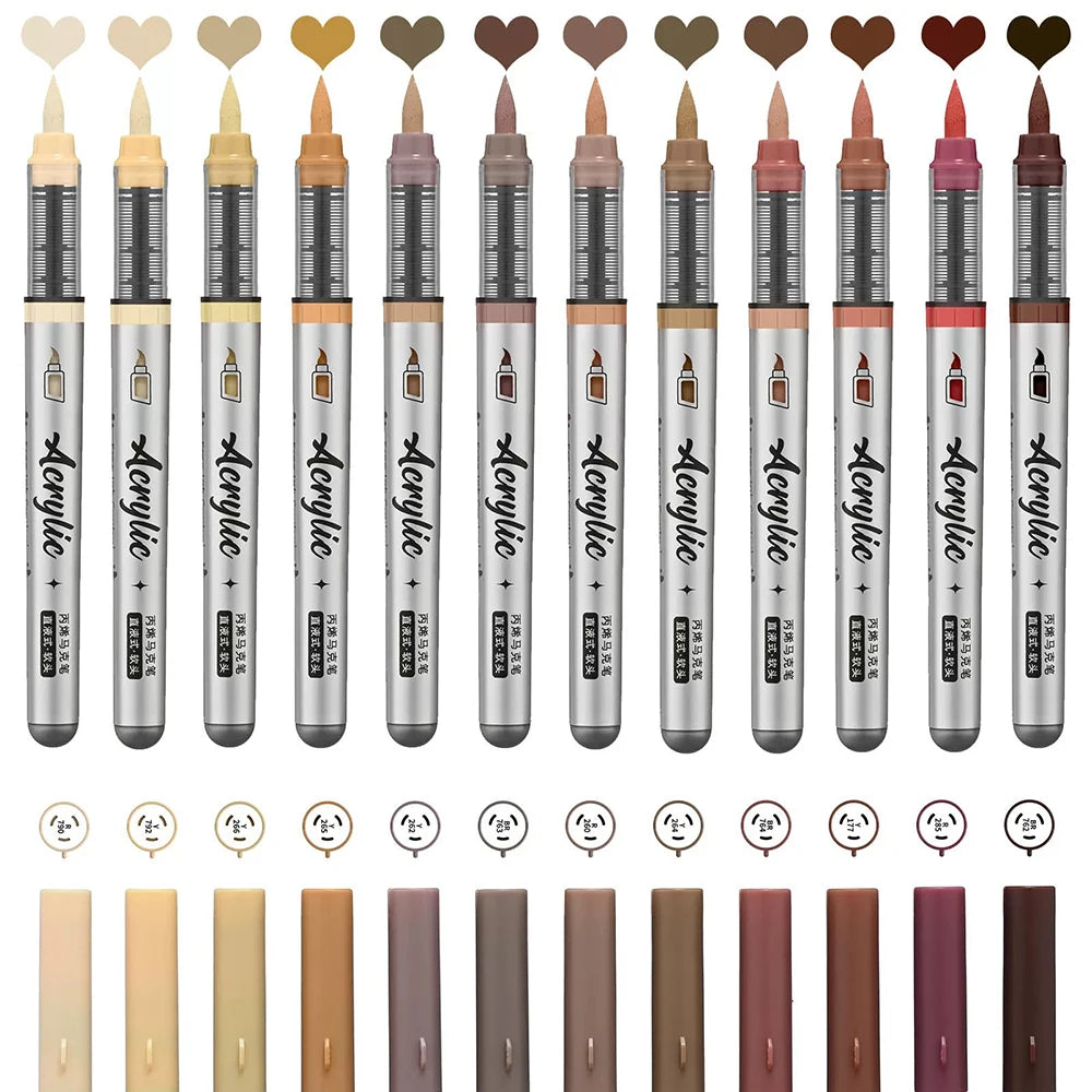 Acrylic Paint Pens Set 12 Pcs Brush Tip Acrylic Paint Pens Set for Artist Creation DIY Handcraft General Painting Stationery Qme Brown Series