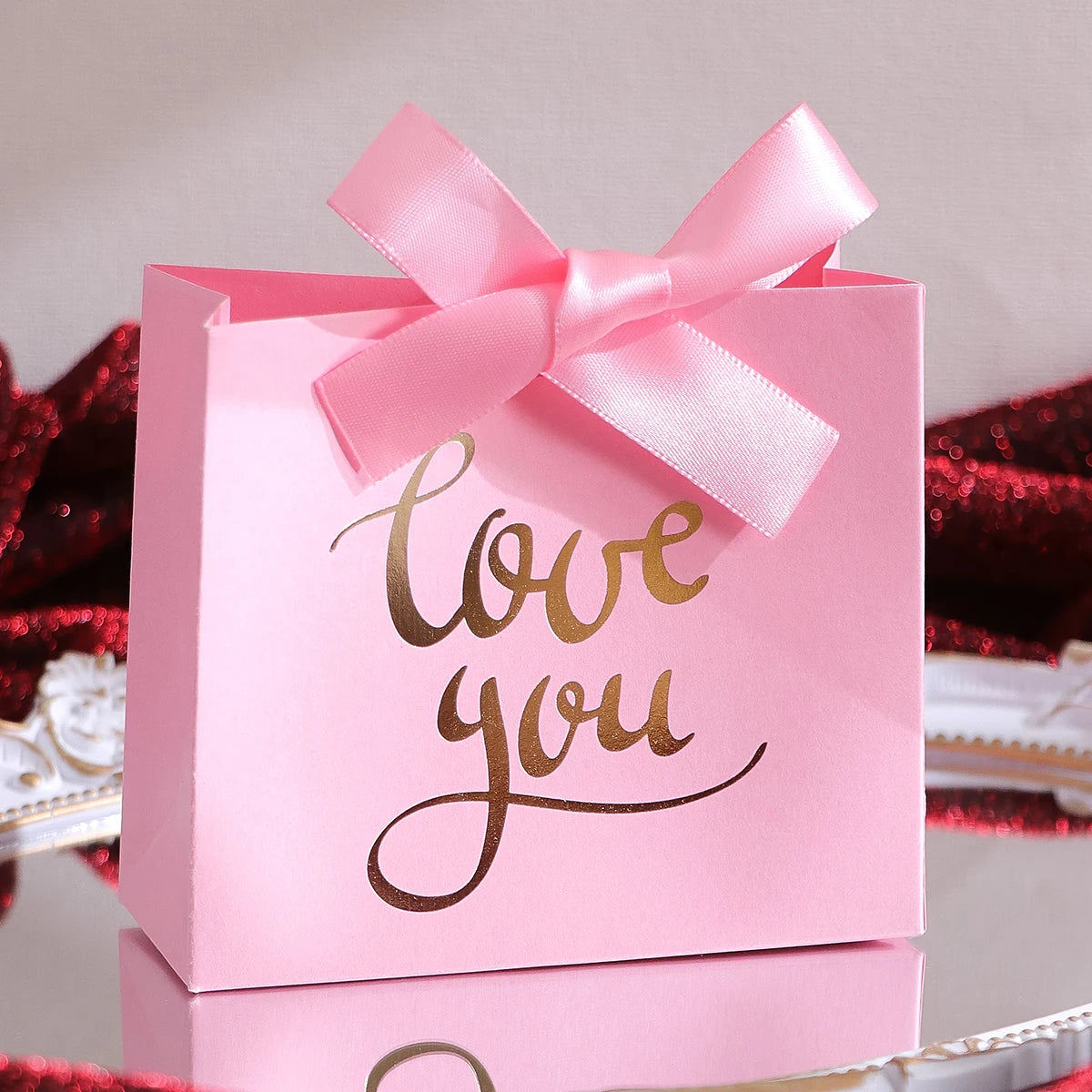 Set of 10 Cute Mini Gift Bags - “Love” Design for Candies, Chocolates and Small Gifts - Perfect for Valentine's Day, Anniversari Qme Pink 10 Pcs Other Other