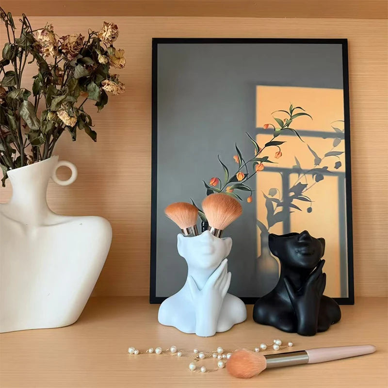 Creative Art Vase Makeup Brush And Pen Holder Multi-Functional Desk Organizer Statue Ornament Home Office Decor Qme