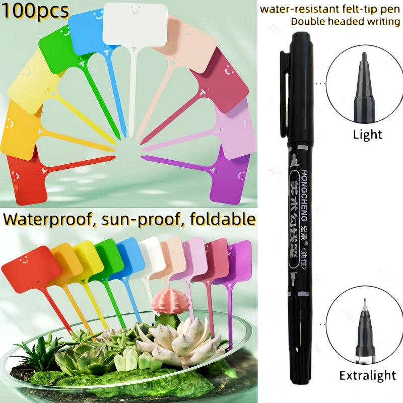 100pcs T-Shaped Colorful Garden Plant Labels, Reusable with Permanent Marker, Durable Plastic Waterproof Seed Name Tags Qme