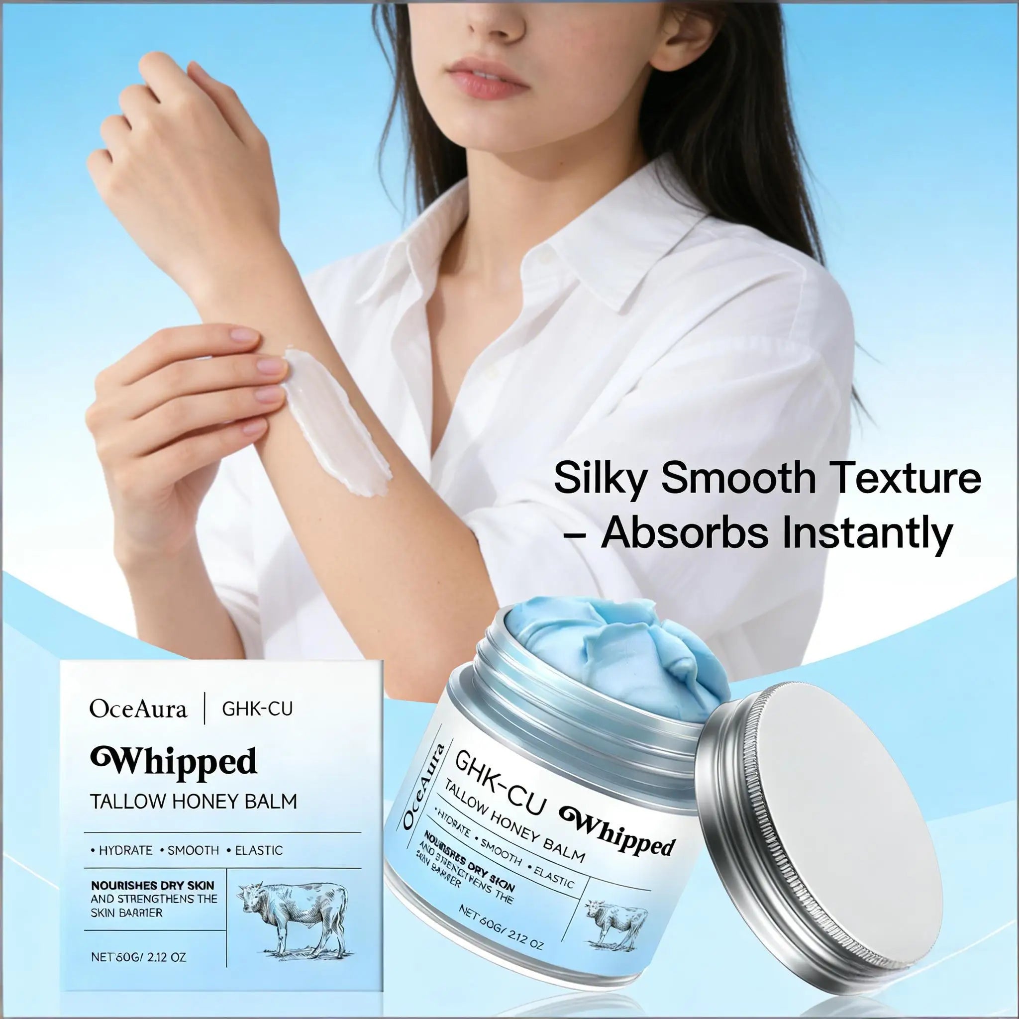 OceAura Whipped Tallow Honey Balm Ghk-Cu Firm Skin Elasticity Enhancement Strengthening Skin Barrier Repair Care Moisturizer 60g Qme