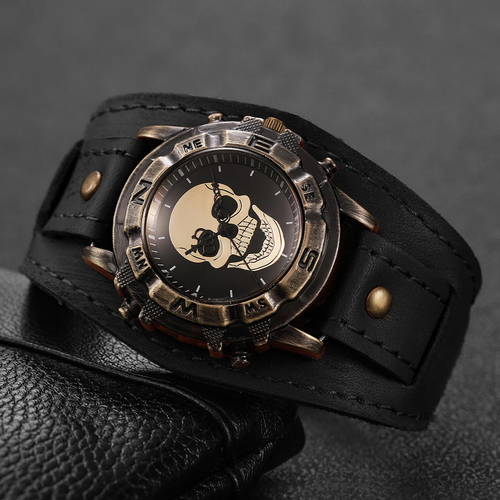 Vintage Skull Men Watch Wide Dark Brown Leather Strap Compass Bezel Punk Style Large Dial Quartz Wristwatch For Male Qme