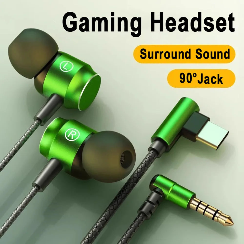 90° Jack Wired Gaming Headset HiFi Surround Sound With Mic Type C 3.5mm Music Headphones For iPhone Huawei In-ear Bass Earphones Qme
