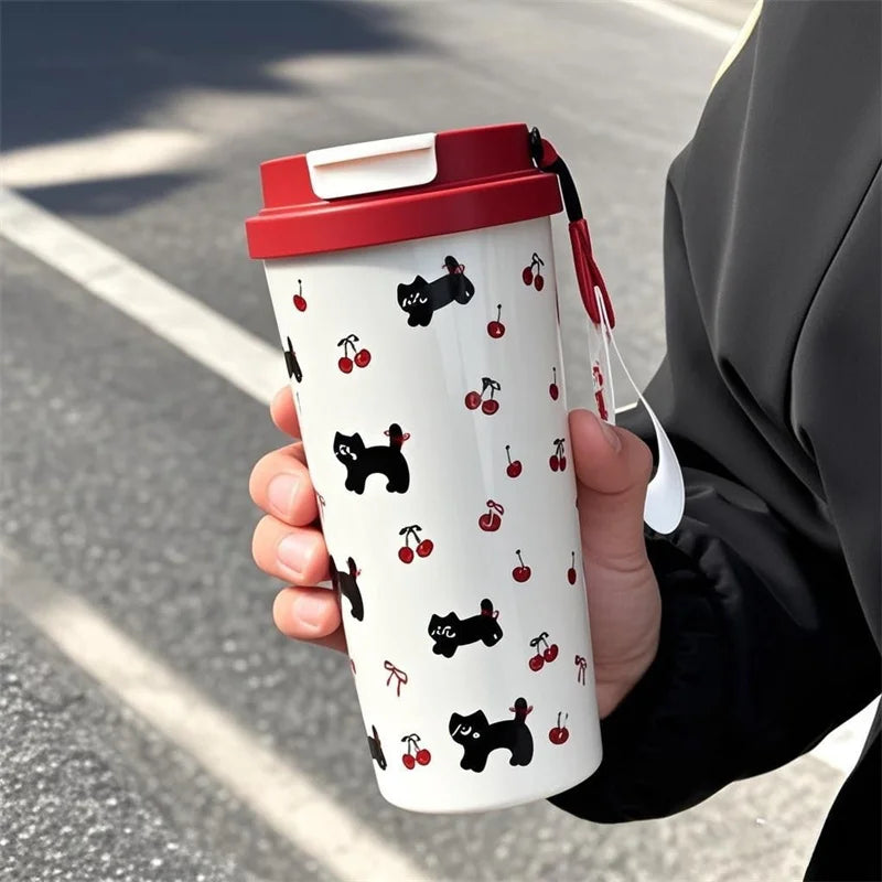Floral Kitten Design Dual-drink Vacuum Insulated Cup Large Capacity Qme 550ml Red