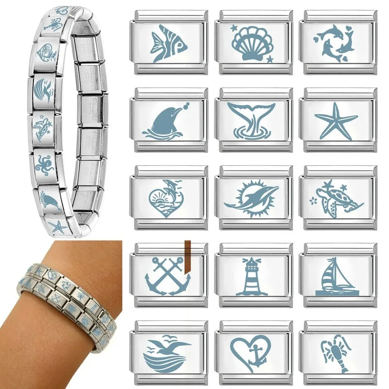 Cartoon Cute Blue Fishs Dolphin Laser Engraving Italian Charm Links Stainless Steel Fit 9mm Bracelet Men Women DIY Making Gifts Qme