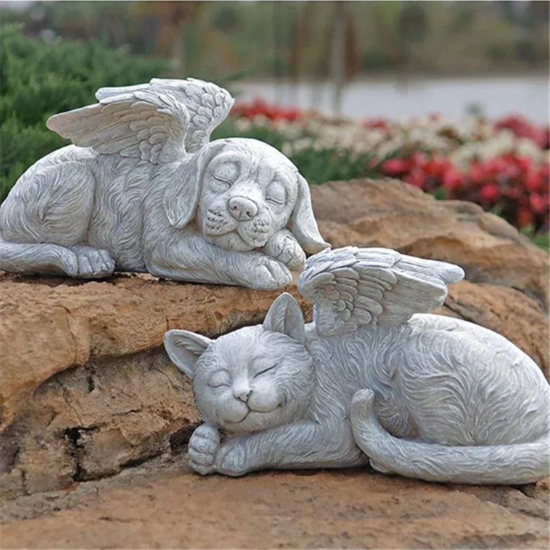 Resin Angel Dog Cat Statue Garden Decoration Puppy Tombstone Sculpture Ornament Garden Home Decor Gift Qme