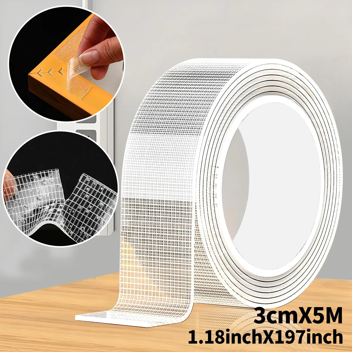5m Nano Double-Sided Adhesive Tape - Ultra-Strong adhesion， Clear, Removable & Waterproof - Heavy-Duty, Extra Sticky Strip for E Qme 3cmX5M