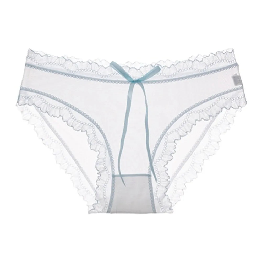 Sweet Low Waist Lace Panties Bow Cotton Crotch Mesh Briefs Ice Silk Qme