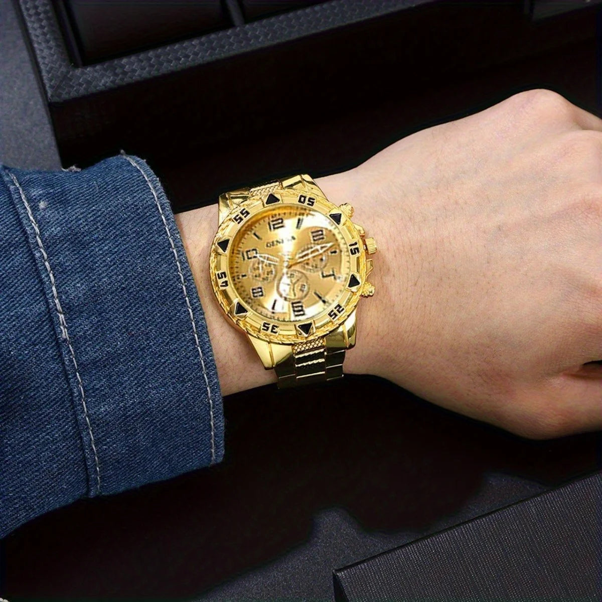 2026 Men's Business Watch Steel Strip Quartz Watch Multi functional Digital Scale Three eye Watch Set Qme