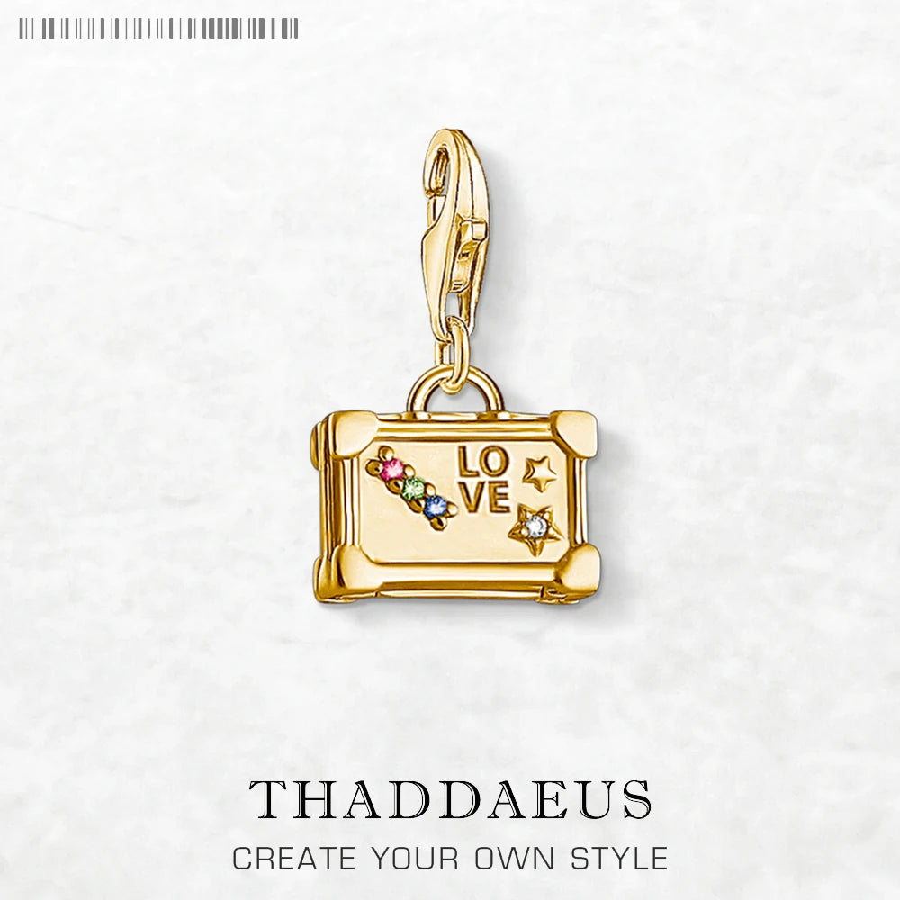Vintage Suitcase Golden Pendant 925 Sterling Silver Dangle Charm Women Men Fine Jewelry Qme Lobster Clasp