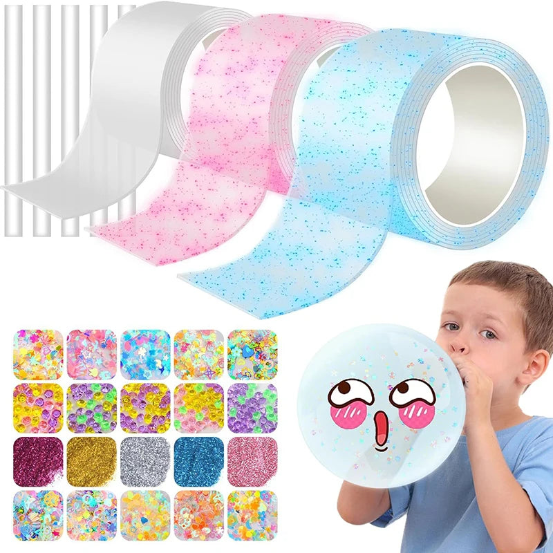 Kids Gifts PET Nano Glue DIY Blow Bubble Double Sided Tape Sticky Qme