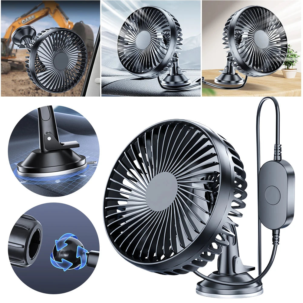 12V/24V USB Car Dashboard Cooling Fan with Suction Cup Single Head Car Fan 360 Degree All-Round Car Air Fan for Car Truck SUV RV Qme