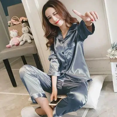B Solid Color Sleepwear Silk Satin Pajamas Couple Set Long Sleeves Pyjamas Suit Pijama Women Men Loungewear Plus Size Pj Set Qme pajama set Blue L