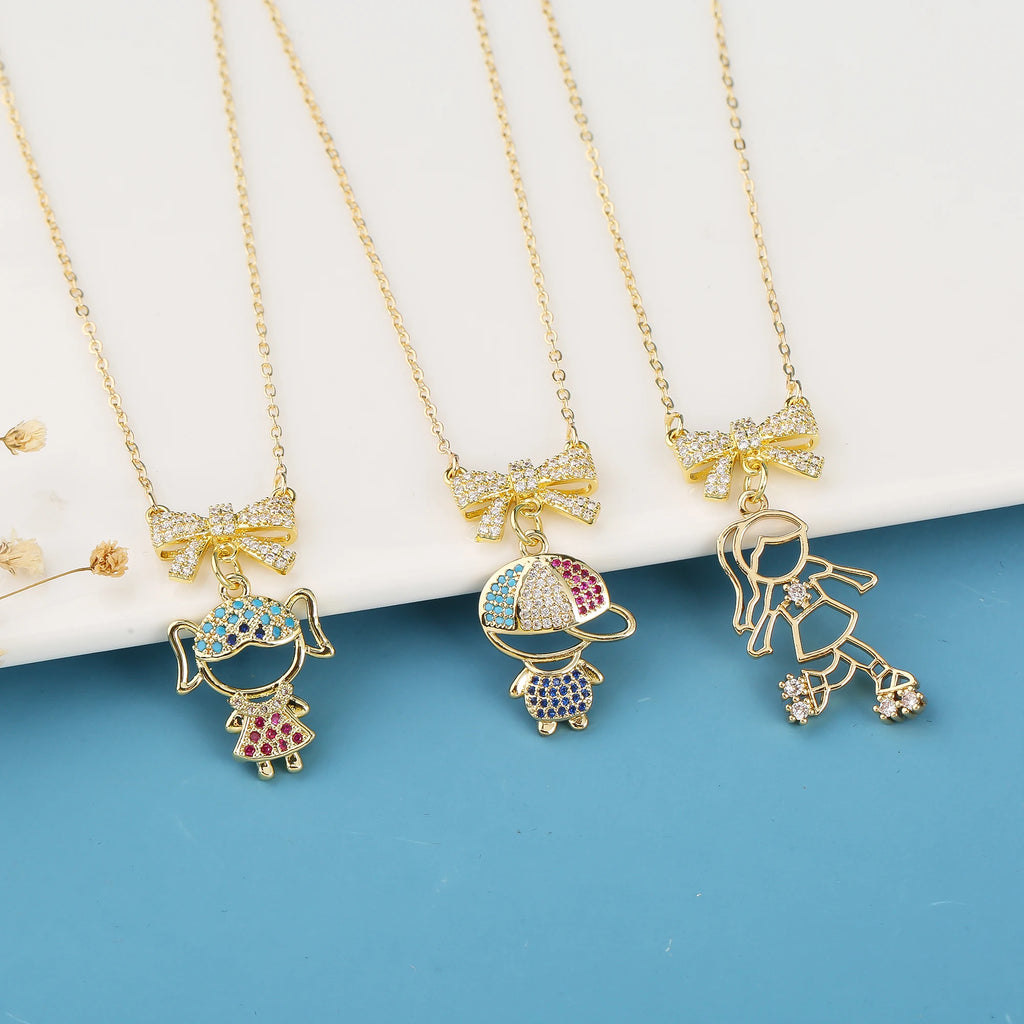 INS Hot Sale Colorful Zirconia Boys Girls Theme Character Bow Pendant Necklace Fashion for Man Woman Daily Party Neck Jewelry Qme