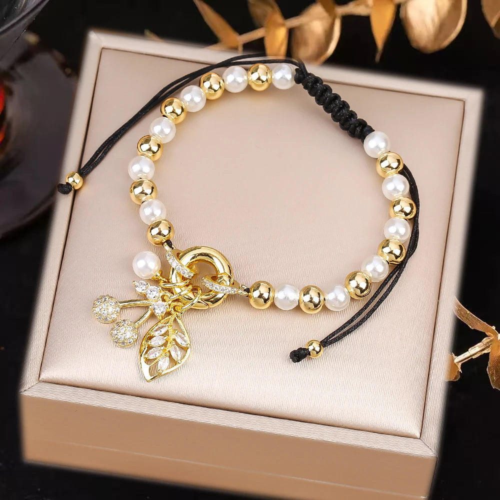 High Quality Pearl Chain Braided Crystal Cherry Adjustable Rope Bracelet Charming For Woman Girl Party Jewelry Gift Daily Wear Qme G