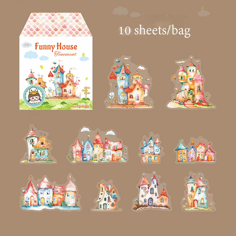 10 Sheets/Bag Lovely House Scene Stickers for Creative Scrapbook Journal Planner Office Stationery Phone Case Decoration Gift Qme 2