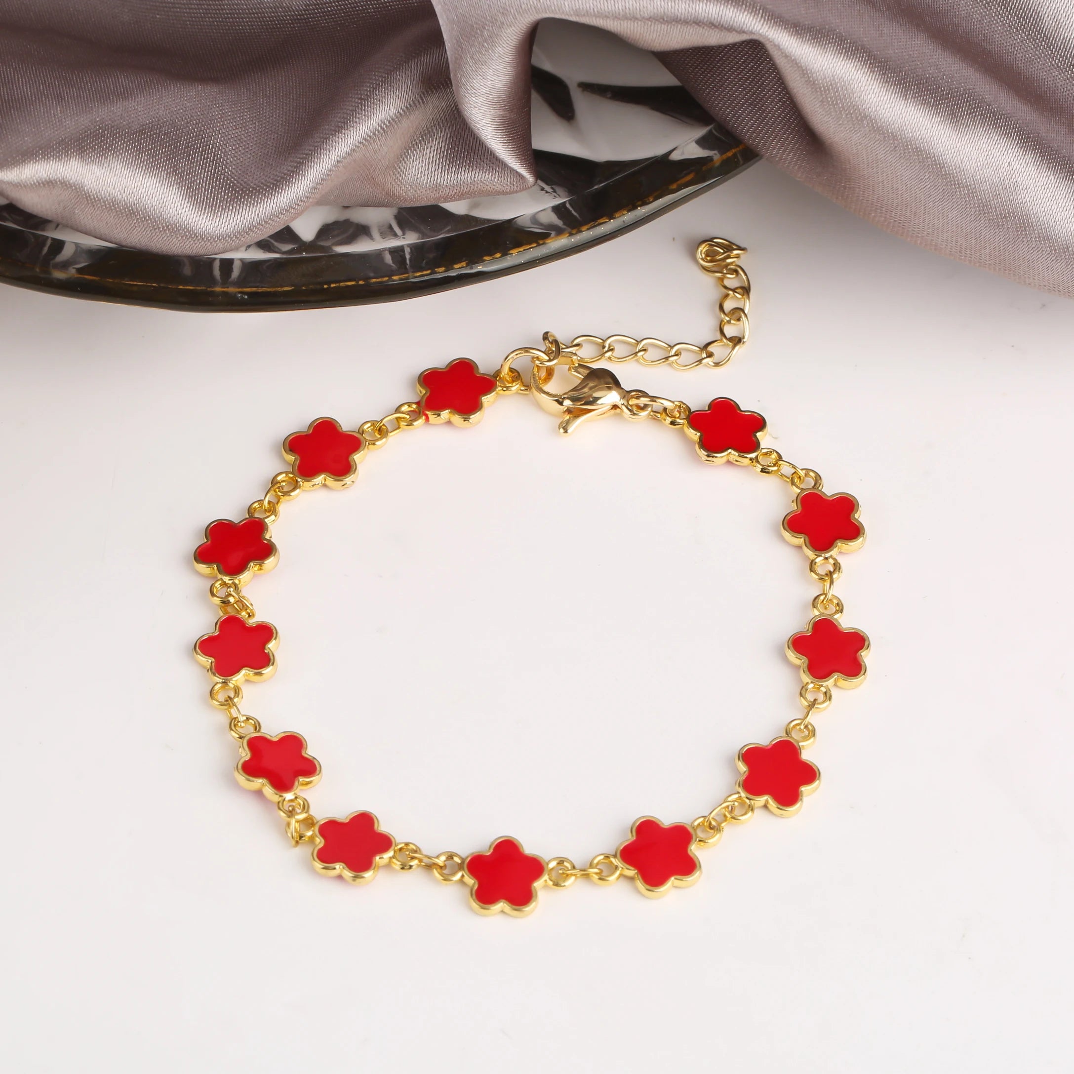 Classic 7 Color Copper Drip Oil Five-Leaf Flower Bracelet Necklace Pentagram Jewelry Set For Women Wedding Party Daily Wear Qme 15