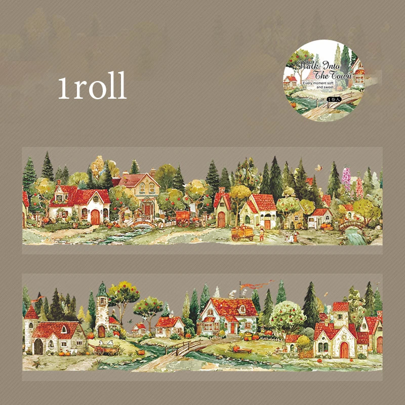 Watercolor Fairy Tale Town Washi Tape, Healing & Relaxing Creative Material, Ideal for Journal Scenery, Collage Qme F