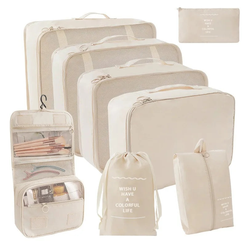Portable Travel Organizer Storage Bags Set Suitcase Packing Cubes Set Cases Portable Luggage Clothes Shoe Tidy Pouch Folding Bag Qme 8 PCS Beige