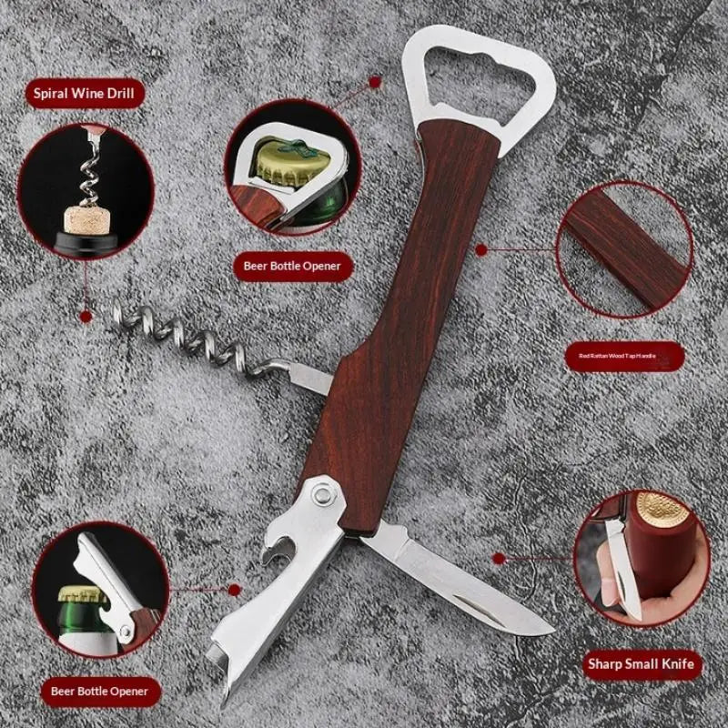 Portable Wooden Stainless Steel Folding Tool Knife Corkscrews Red Wine Opener Multifunctional Outdoor Tool Bar Accessories Qme