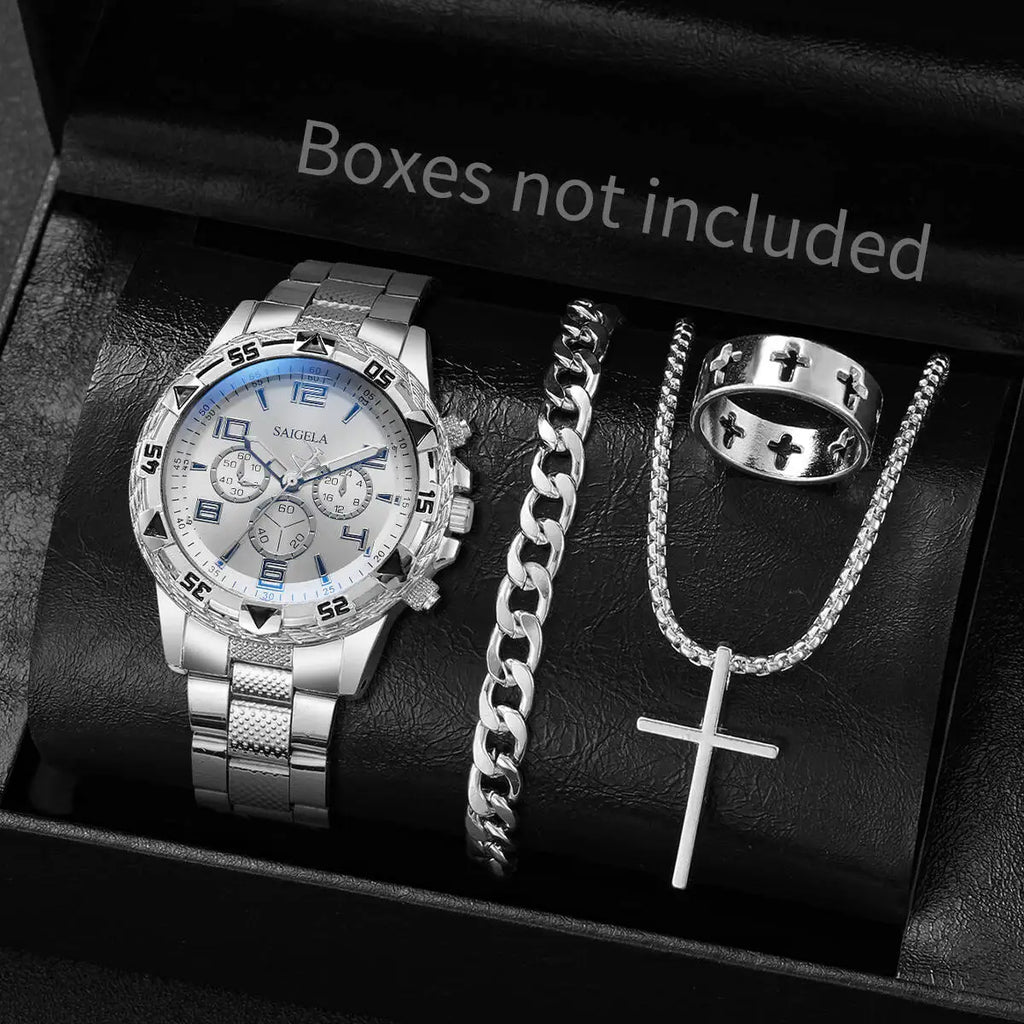 4PCS Blue light glass men's business watch with steel strap, quartz watch, multifunctional digital scale, three eye watch set Qme Silver White No Box