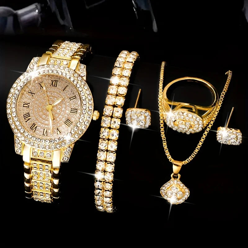 6pcs/set Women's Watch Luxury Rhinestone Quartz Watch Hiphop Fashion Analog Wrist Watch & Jewelry Set, Gift For Mom Her Qme Gold set