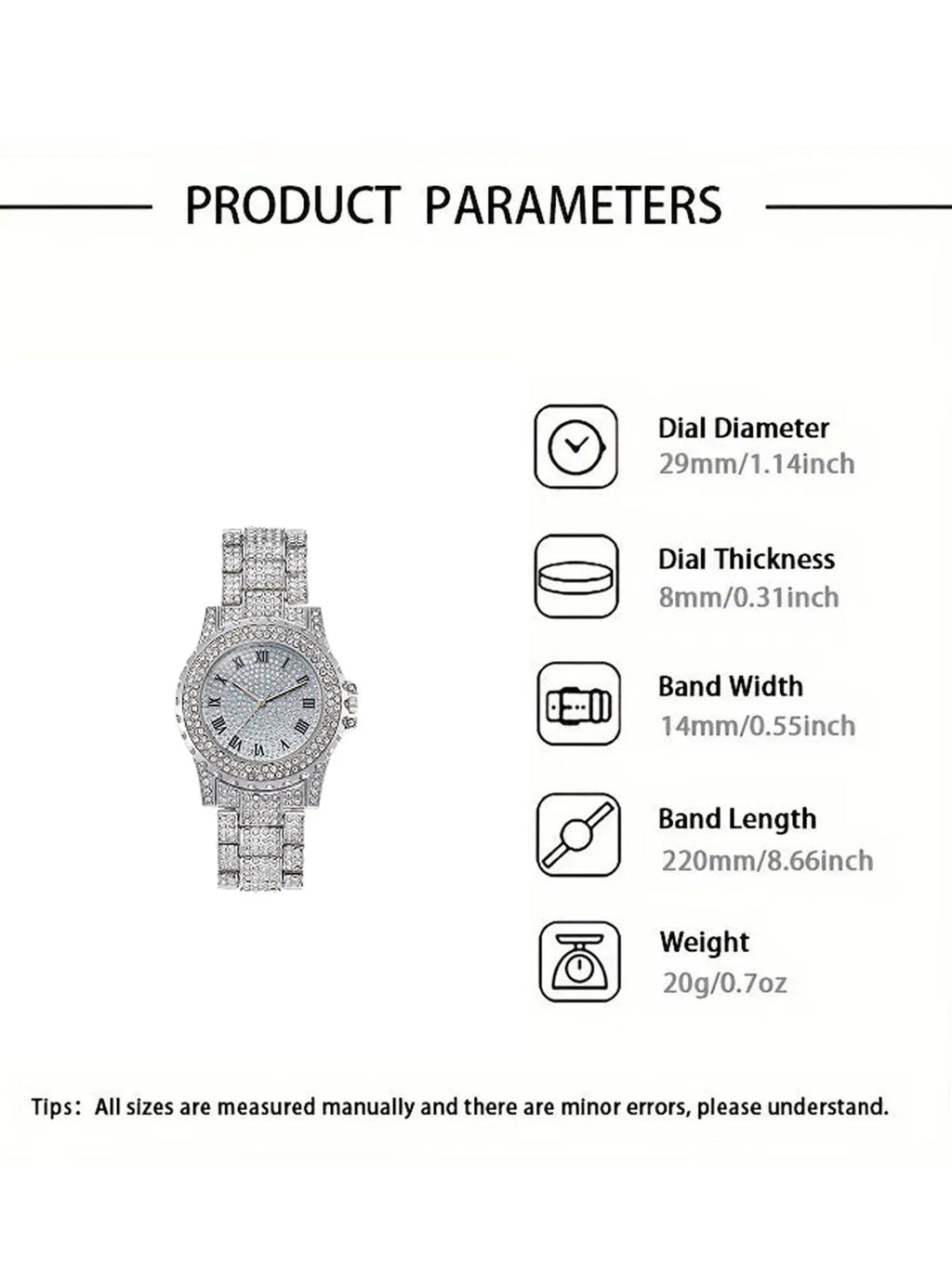 Star-studded stainless steel bracelet diamond-encrusted hip-hop men's watch with water crystal Roman numerals and date display Qme
