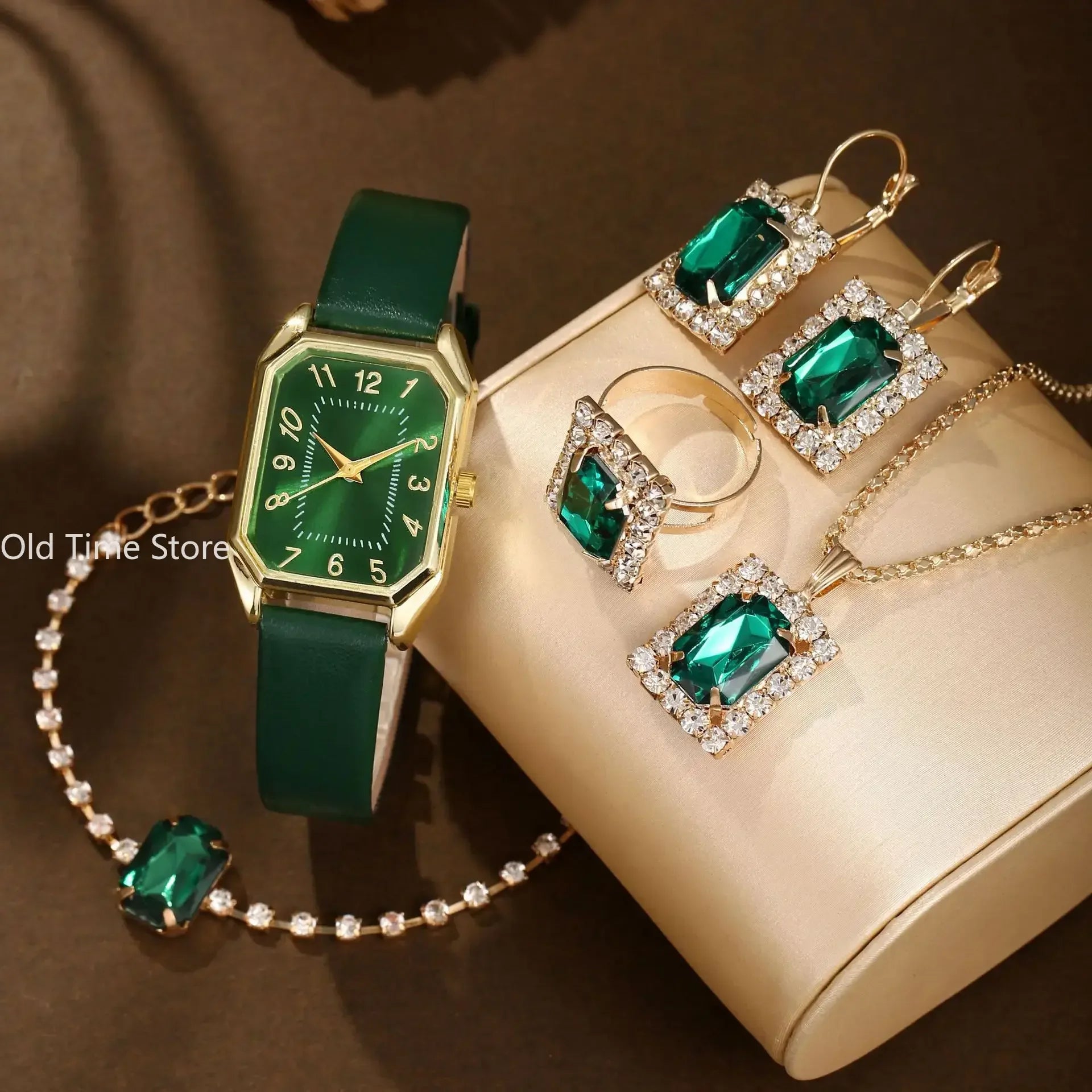 6/5/1PCS Luxury Fashion Square Women's Watches Brand Ladies Quartz Wristwatch Jewelry Set Classic Simple Femme Relogio Feminino Qme 6pcs Set-Green