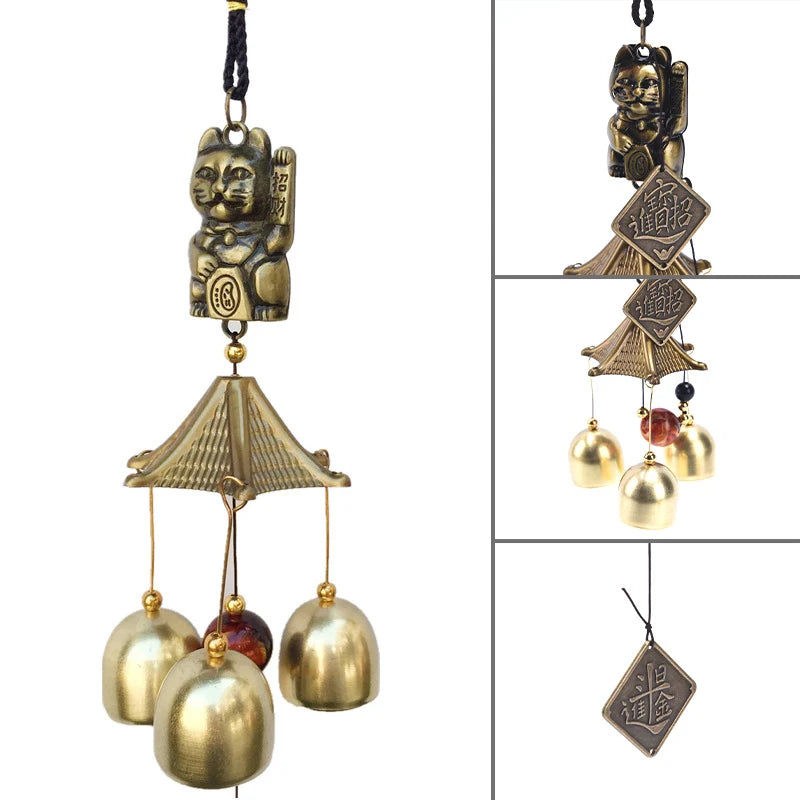 Lucky Cat Feng Shui Pendant Metal Copper Wind Chime Door Decoration Qme