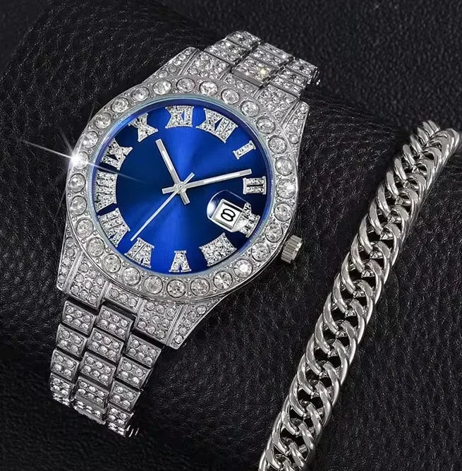 European and American men's personalized hip-hop feng shui ghost Roman diamond studded quartz watch men+hip-hop bracelet Qme Silvery Blue Suit 1